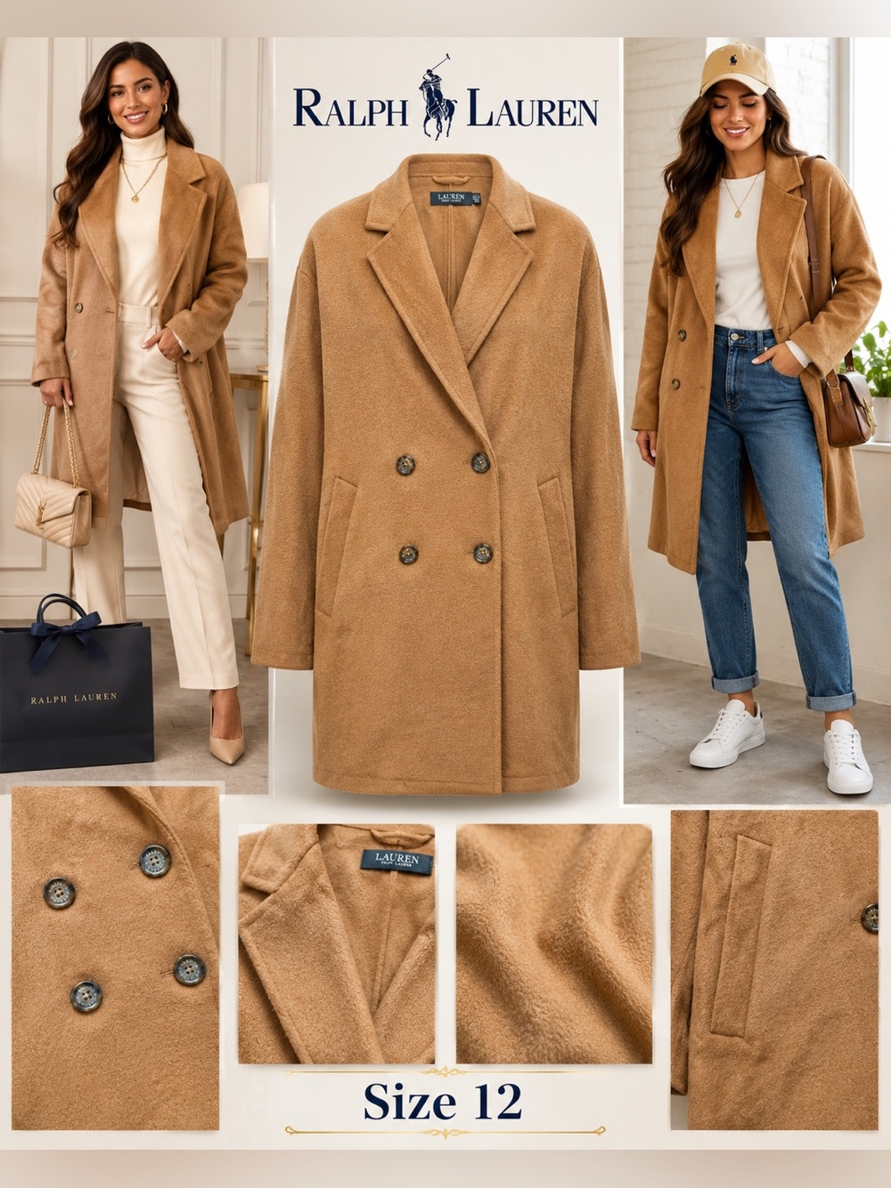 Ralph Lauren Camel Double-Breasted Wool-Blend Pea Coat